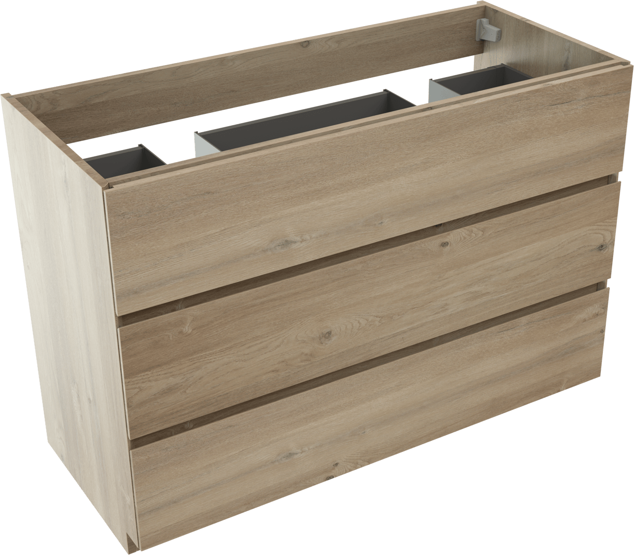 Storke Edge staande wastafelonderkast 120 x 52 cm ruwe eik 3 lades 2 sifonuitsparingen