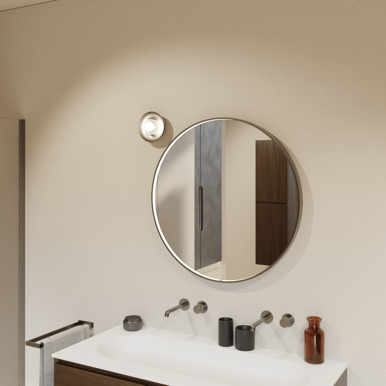 Balmani Secret rund Brushed Gunmetal Badezimmerspiegel Ø 80 cm mit Spiegelbeleuchtung und Anti-Beschlag Spiegelheizung