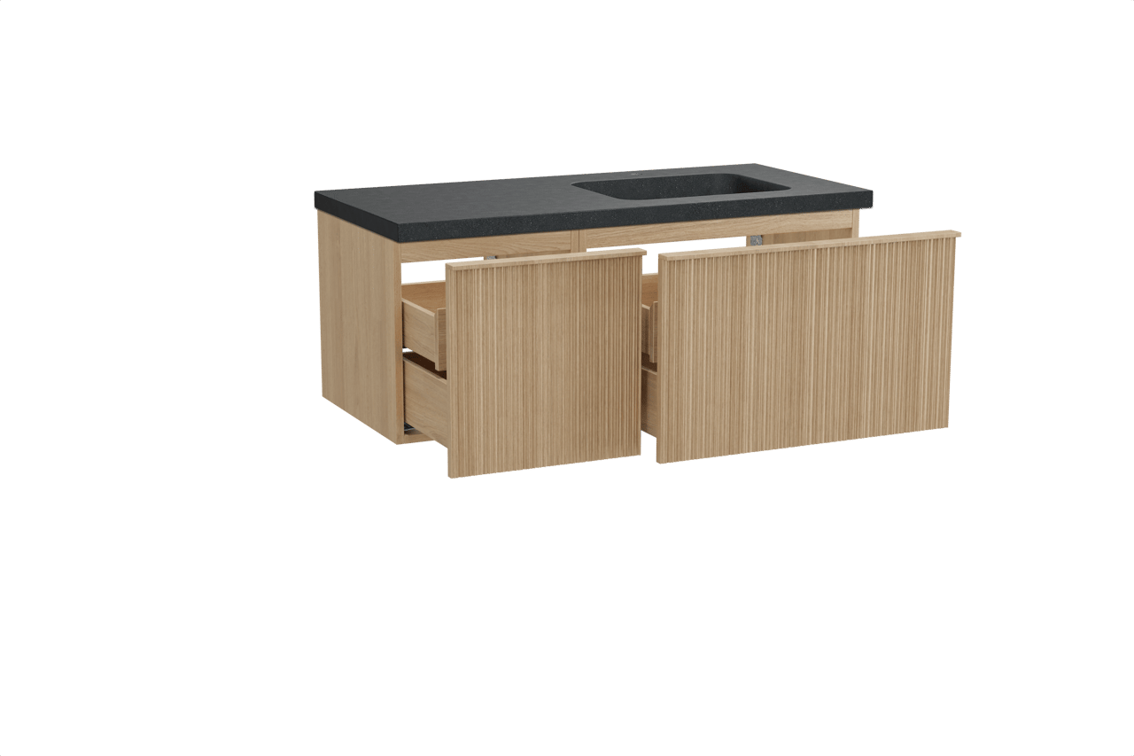 Balmani Forma zwevend badmeubel 120 x 55 cm naturel eiken met Napoli asymmetrisch rechtse wastafel in zwart graniet, Verticale asymmetrische ronde ribbel