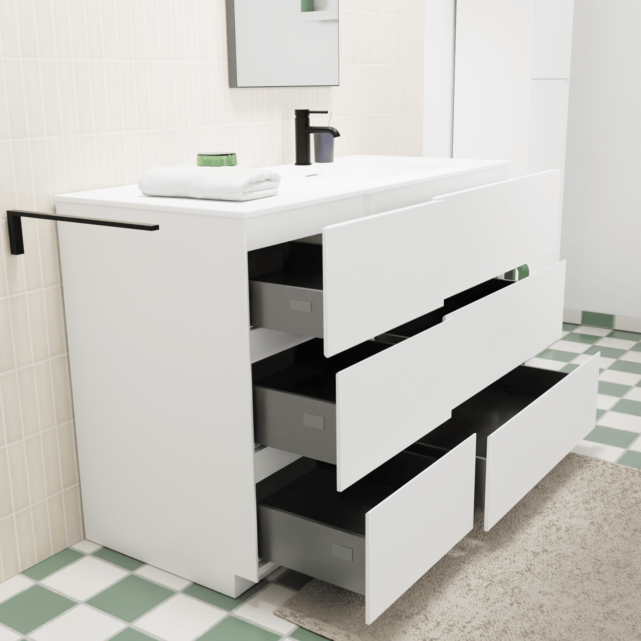 Storke Edge meuble salle de bains à poser 120 x 52 cm blanc mat avec Mata plan vasque asymétrique à droite en solid surface blanc mat