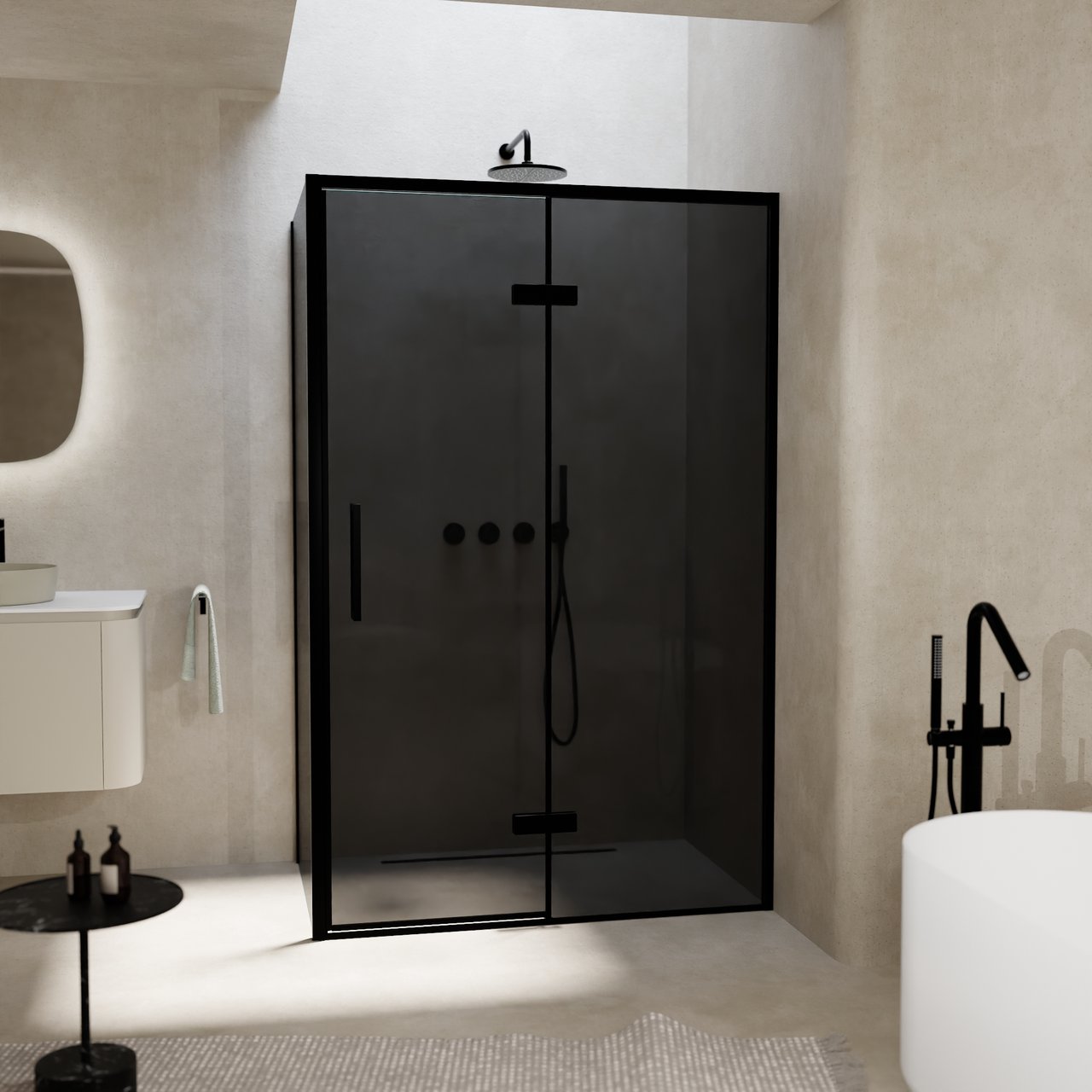 Balmani Senses Design douchehoek met rechtse draaideur en vaste zijwand, 120 x 90 cm, Rookglas, Zwarte profielen, met coating