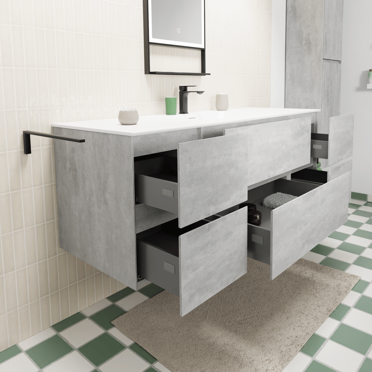Storke Edge zwevend badkamermeubel 145 x 52 cm beton donkergrijs met Mata enkele wastafel in solid surface mat wit