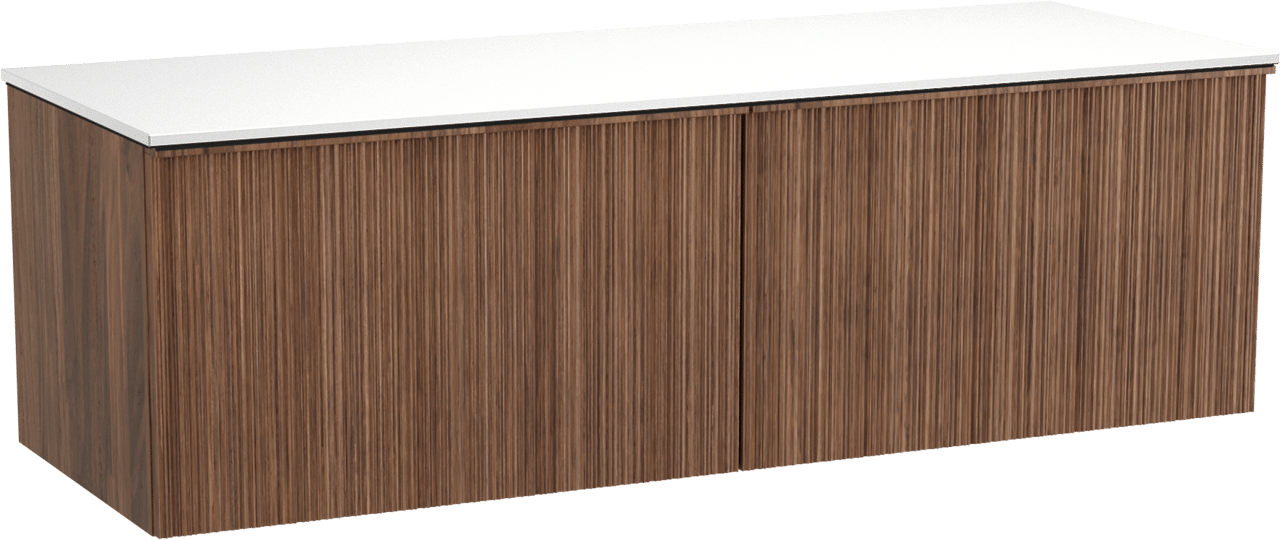 Balmani Forma hängendes Möbelstück Set: 150 x 55 cm, Amerikanischer Nussbaum, mit Stretto Einzel- oder Doppel Waschtischplatte, Solid Surface, Weiß matt, Vertikale asymmetrische Runde Rippe