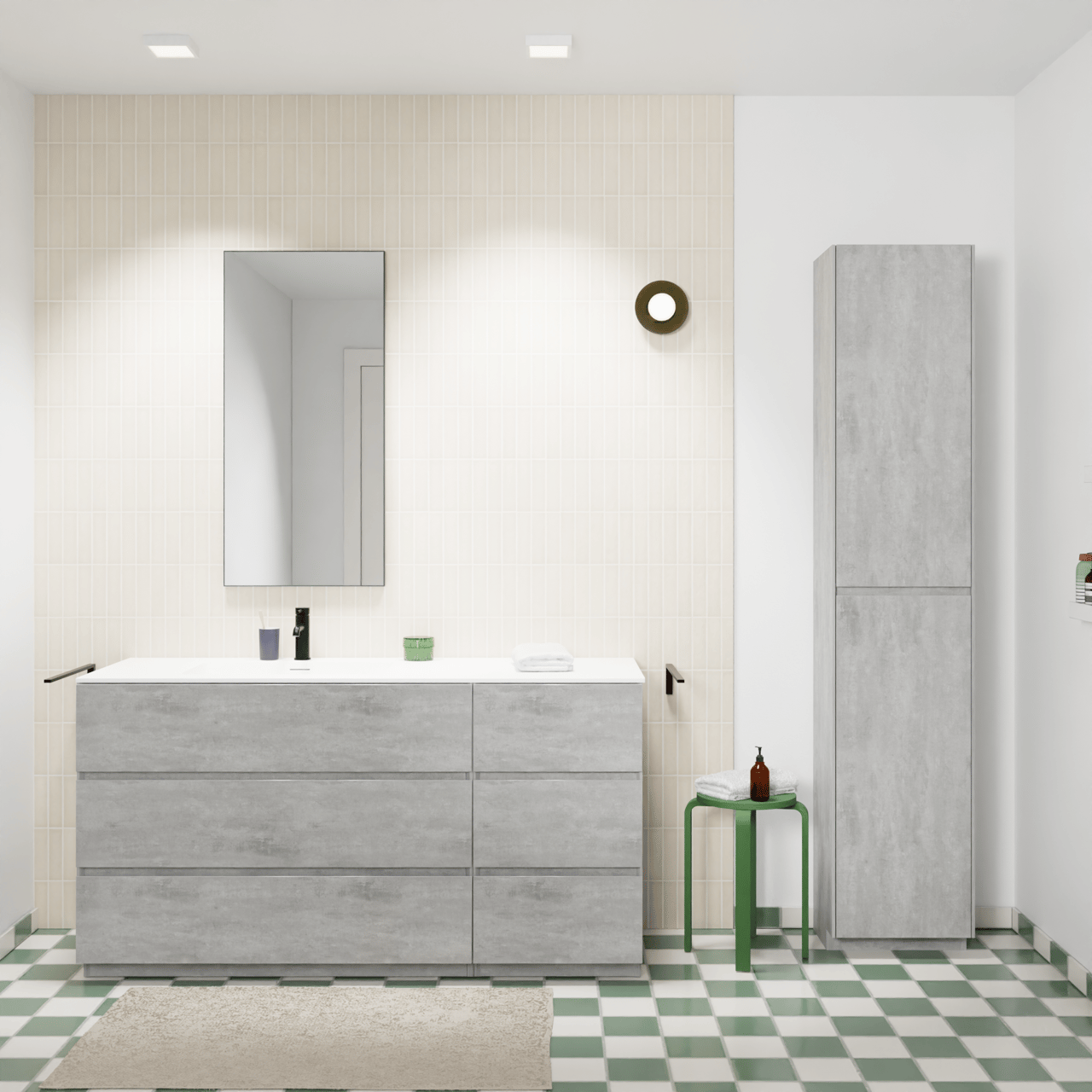 Storke Edge staand badkamermeubel 150 x 52 cm beton donkergrijs met Mata asymmetrisch linkse wastafel in solid surface mat wit
