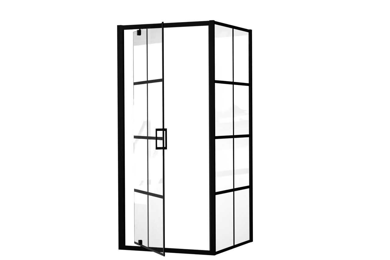 Luca Varess Vidor Eckdusche: Drehtür und fixierte, Seitenwand, 90 x 90 cm, Square Glas, mattschwarzes Profil