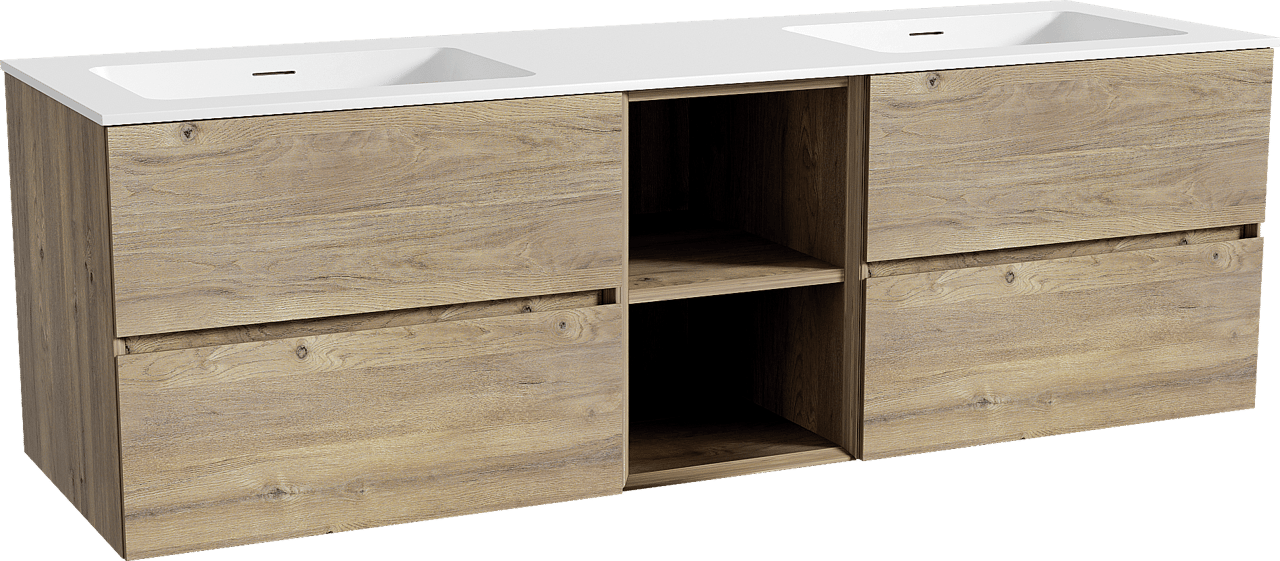 Storke Edge zwevend badkamermeubel 165 x 52 cm ruwe eik met Mata dubbele wastafel in solid surface mat wit