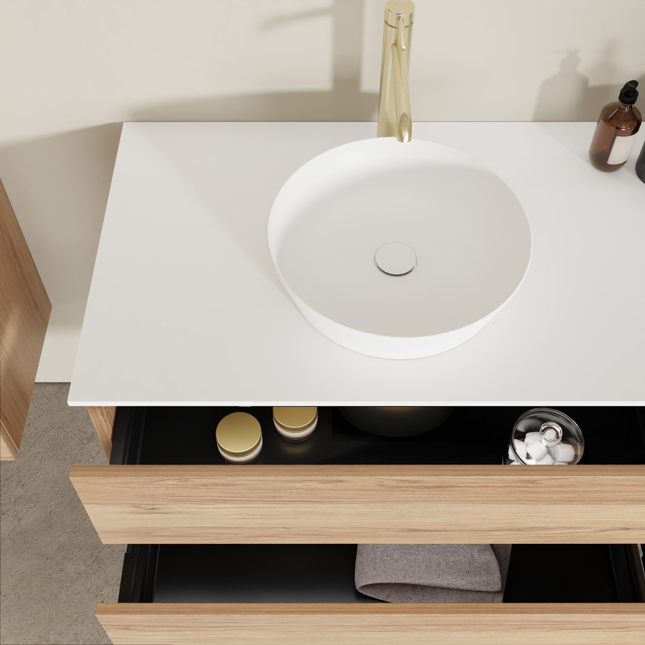 Balmani Lucida zwevend badkamermeubel 90 x 55 cm teak met Stretto enkel tablet in solid surface mat wit