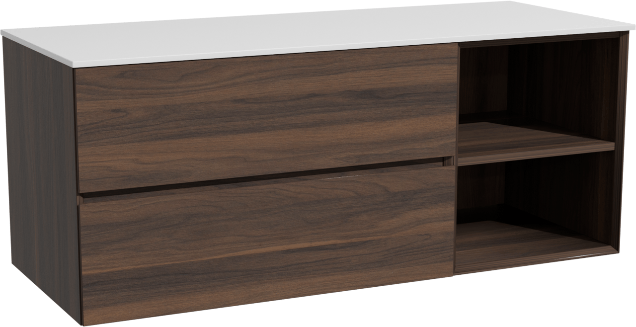 Storke Edge zwevend badkamermeubel 130 x 52 cm notelaar met Tavola enkel of dubbel tablet in solid surface mat wit