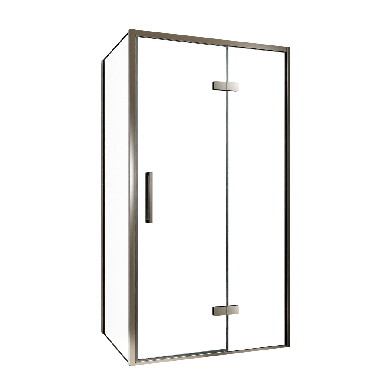 Balmani Senses Design douche en coin avec porte pivotante à droite et paroi latérale fixe, 100 x 100 cm, Verre transparent, Profil Brushed GunMetal