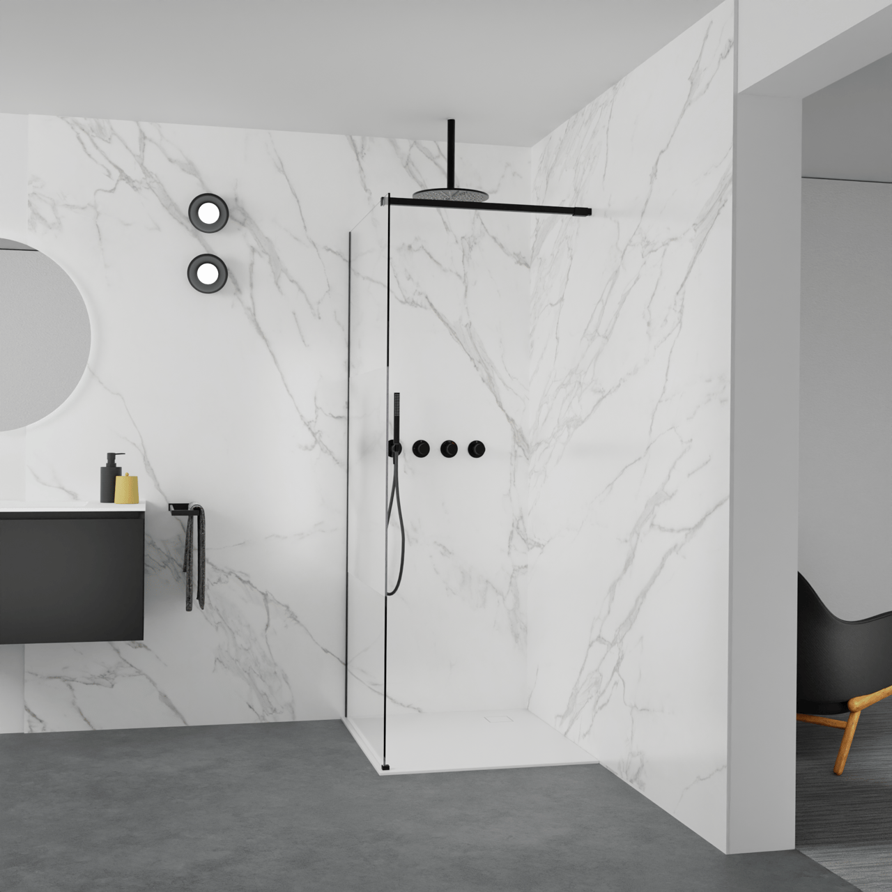 Balmani Modular inloopdouche: 90 x 200 cm, Helder glas met matte strook, Mat zwarte profielen