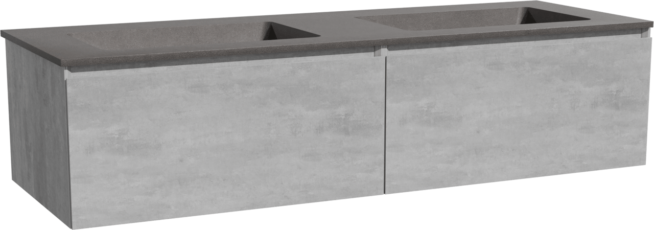 Storke Edge zwevend badmeubel 150 x 52 cm beton donkergrijs met Scuro dubbele wastafel in kwarts mat zwart