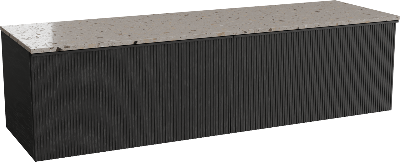 Balmani Forma zwevend badkamermeubel 180 x 55 cm zwarte eik met Stretto enkel of dubbel tablet in terrazzo greige terrazzo, Verticale symmetrische rechte ribbel