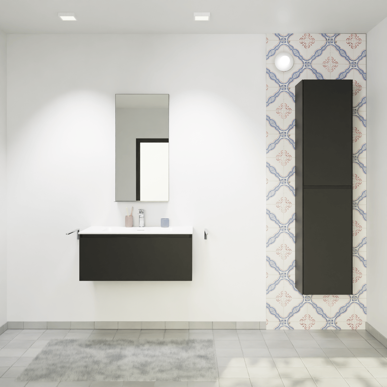 Storke Edge meuble salle de bains suspendu 85 x 52 cm noir mat avec Mata plan simple en solid surface blanc mat