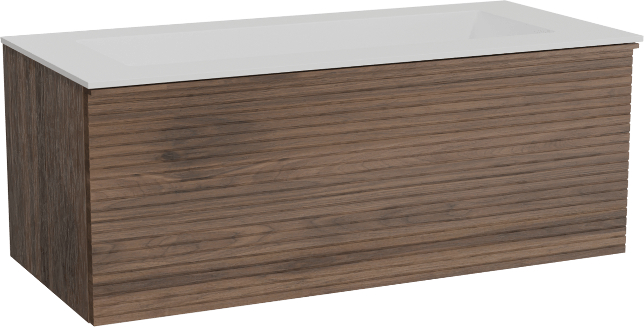 Balmani Forma zwevend badkamermeubel 120 x 55 cm amerikaanse notelaar met Tablo Stretto enkele wastafel voor 2 kraangaten in solid surface mat wit, Horizontale symmetrische rechte ribbel