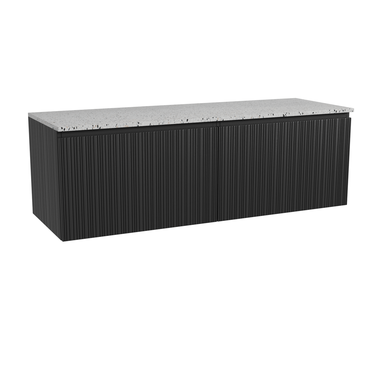 Storke Ribs meuble salle de bains suspendu 150 x 52 cm chêne noir avec Tavola tablette simple ou double en blanc/noir mat terrazzo, Nervure droite asymétrique verticale