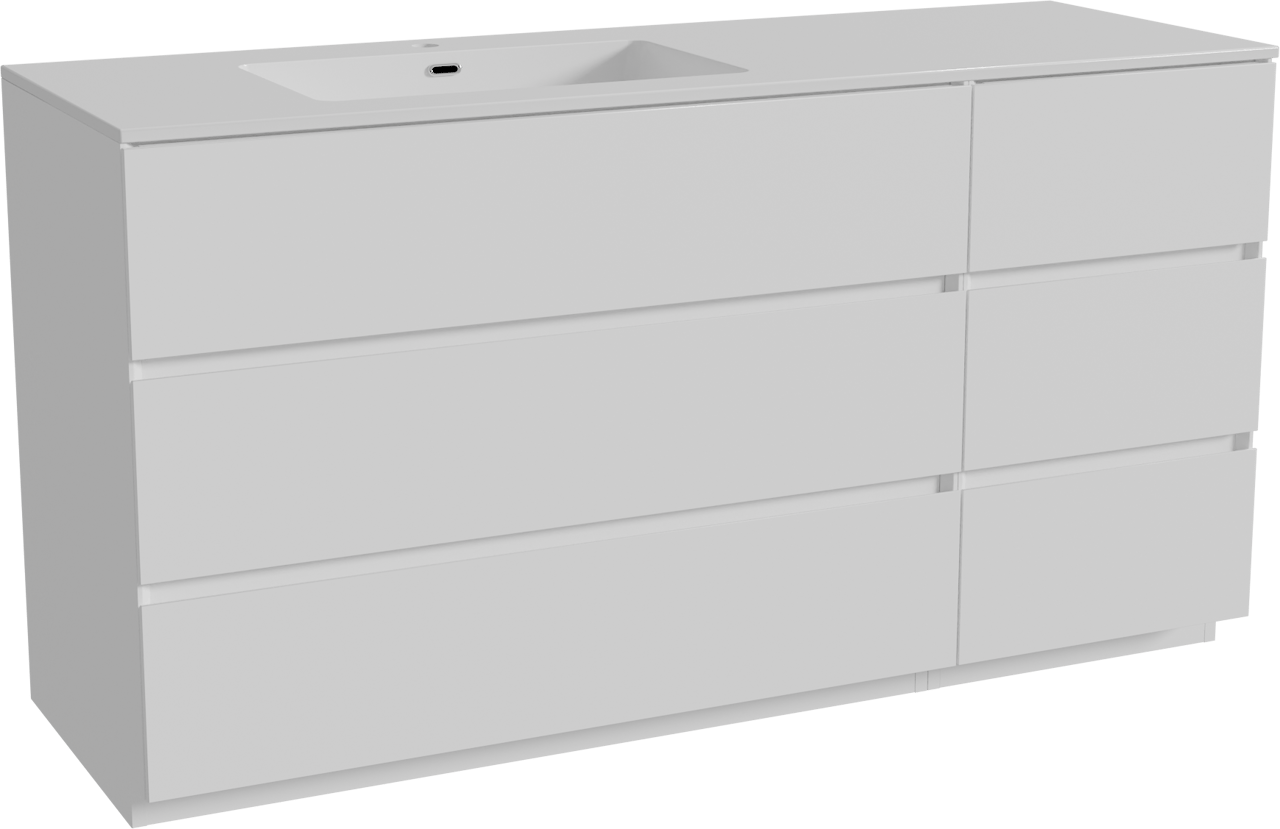 Storke Edge meuble salle de bains à poser 150 x 52 cm blanc mat avec Diva plan vasque asymétrique à gauche en marbre composite blanc brillant