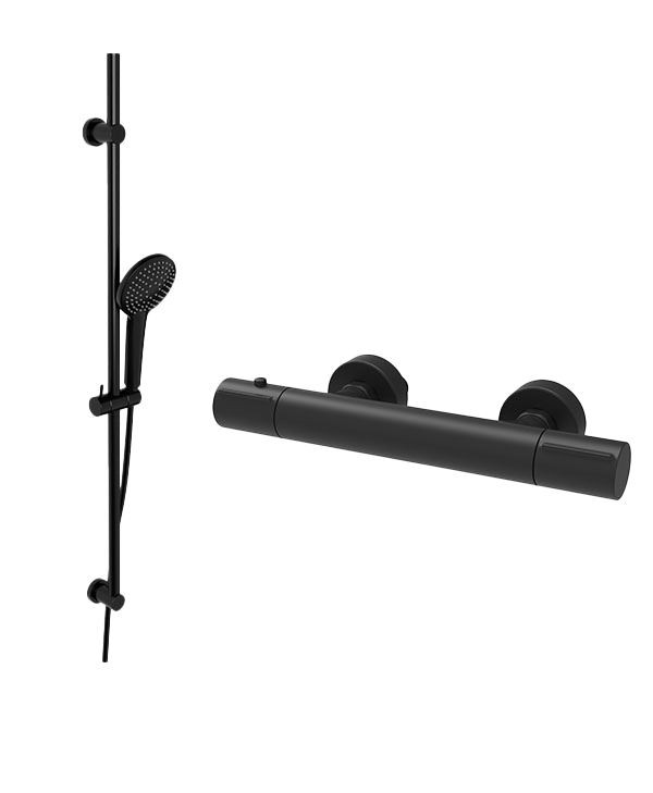 Blaufoss Orion Duschsystem: Wandmontage, inkl. Thermostat-Duscharmatur, Schwarz matt