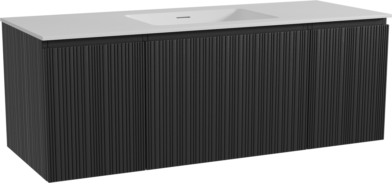 Storke Ribs zwevend badkamermeubel 135 x 52 cm zwarte eik met Mata enkele wastafel in solid surface mat wit, Verticale asymmetrische rechte ribbel