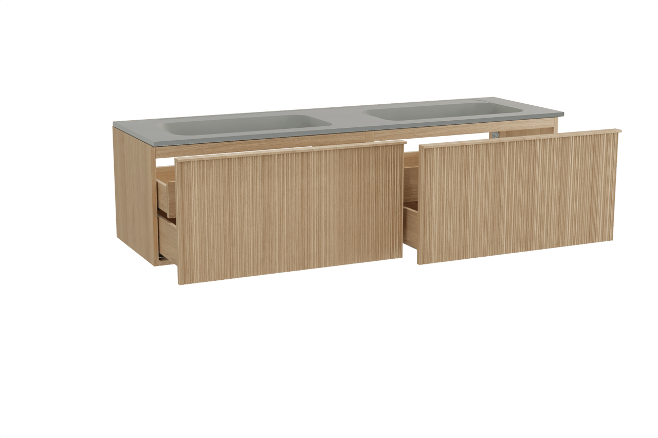Balmani Forma zwevend badkamermeubel 180 x 55 cm natuur eik met Tablo Strada dubbele wastafel in composietmarmer zijdegrijs, Verticale asymmetrische ronde ribbel