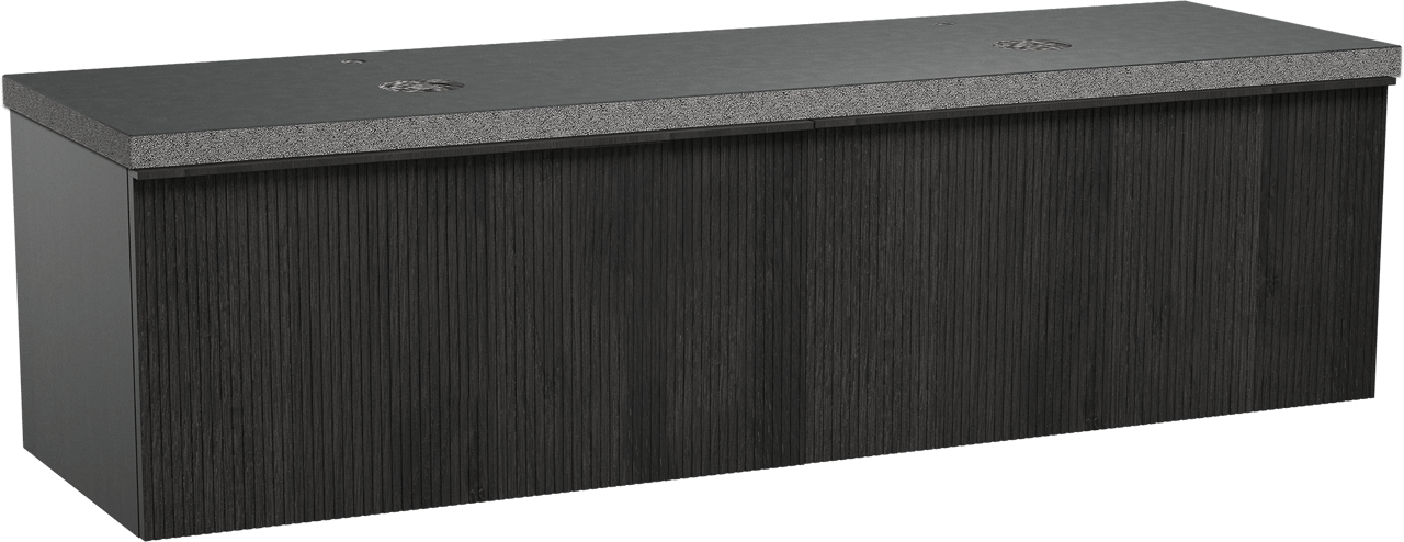 Balmani Forma hängendes Möbelstück Set: 180 x 55 cm, Schwarze Eiche, mit Rock Doppel Waschtischplatte, Granit, Schwarzes Granit, Vertikale symmetrische gerade Rippe