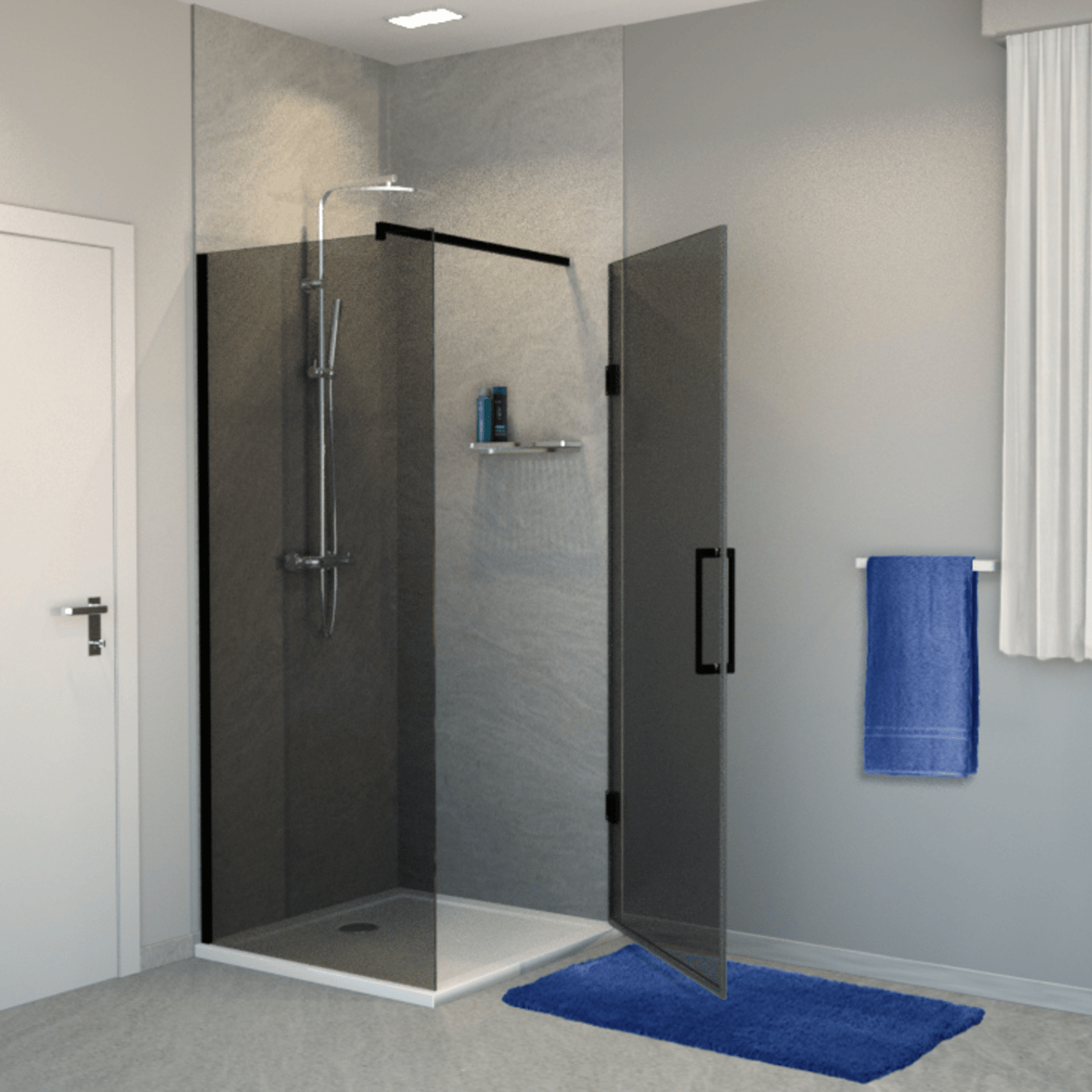 Balmani Modular inloopdouche met deur 90 x 200 cm rookglas mat zwart profiel