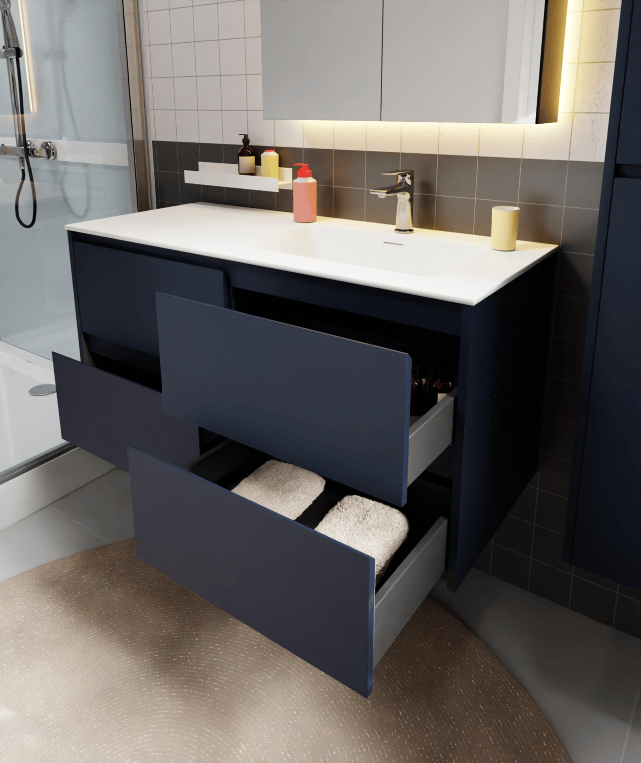 Storke Seda hängender Waschbeckenunterschrank: 120 x 52 cm, Nachtblau, 4 Schubladen