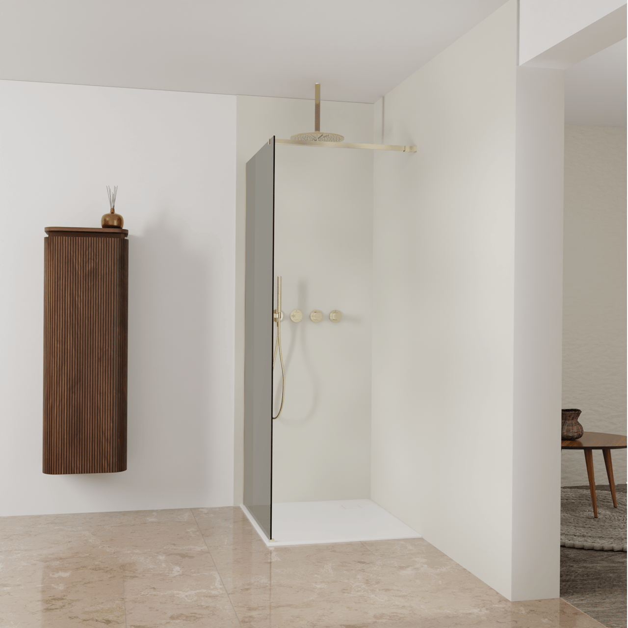 Balmani Modular douche à l'italienne: 90 x 200 cm, Verre fumé, avec coating, Profil Brushed Champagne Gold