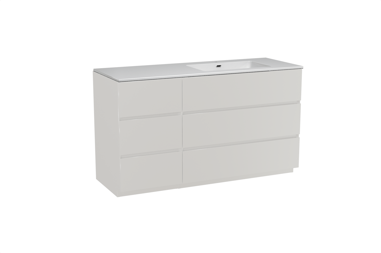 Storke Edge staand badkamermeubel 140 x 52 cm mat wit met Diva asymmetrisch rechtse wastafel in composietmarmer glanzend wit