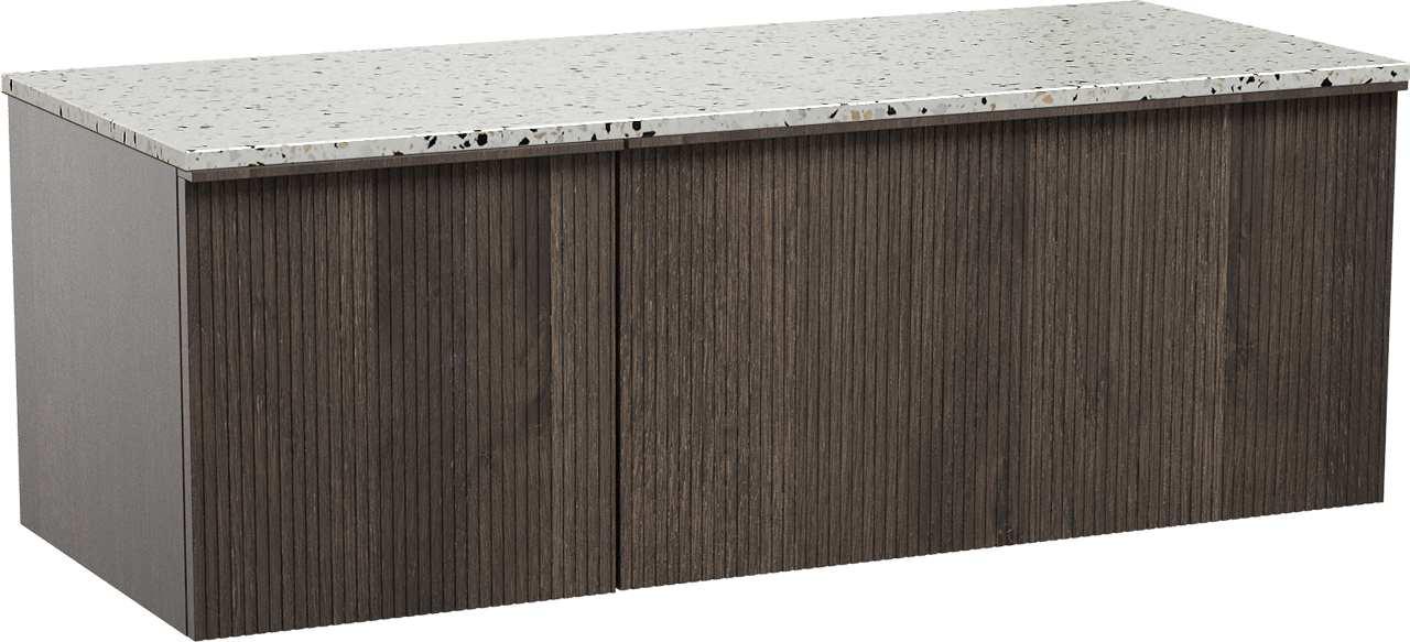 Balmani Forma zwevend badkamermeubel 135 x 55 cm gerookte eik met Stretto enkel of dubbel tablet in mat wit/zwart terrazzo, Verticale symmetrische rechte ribbel