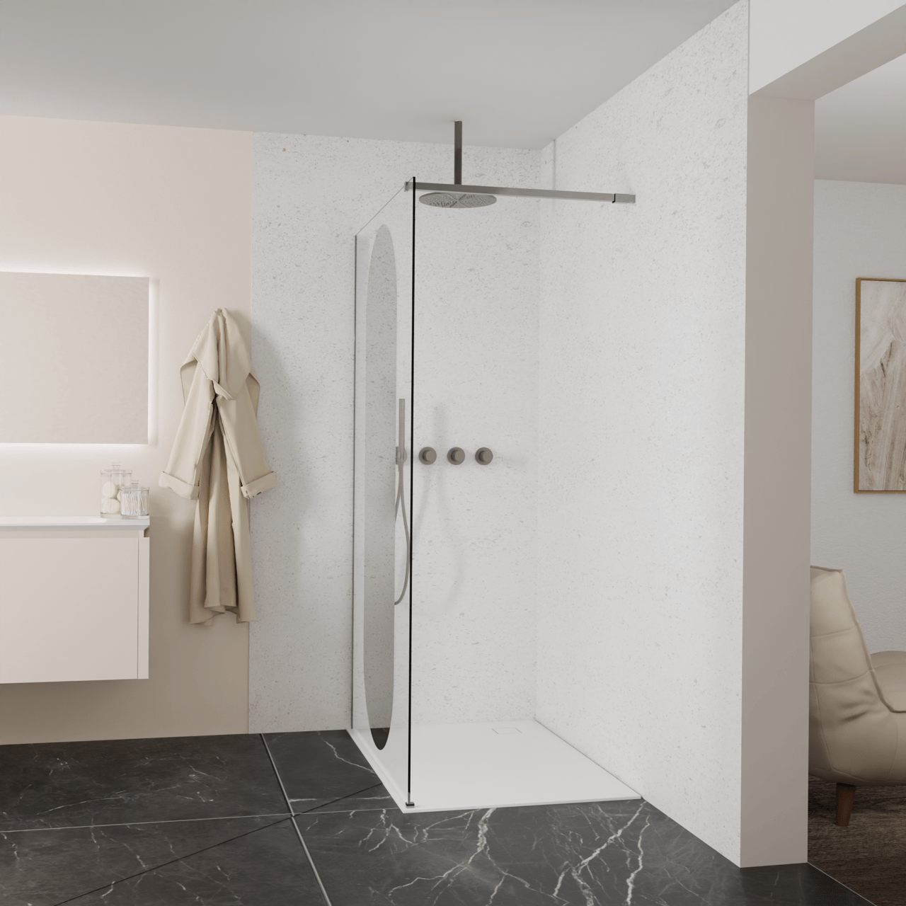 Balmani Modular douche à l'italienne: 120 x 200 cm, Miroir reflex ovale, Profil Brushed GunMetal