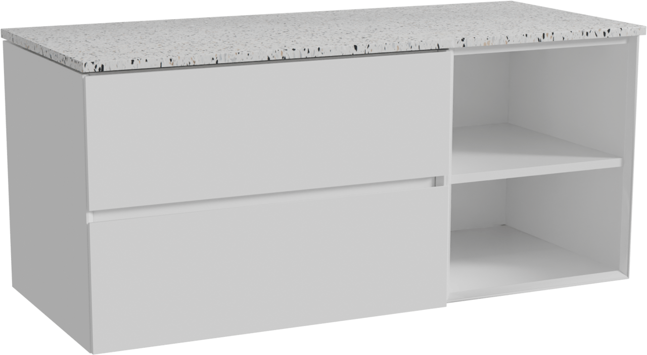 Storke Edge zwevend badkamermeubel 120 x 52 cm glanzend wit met Tavola enkel of dubbel tablet in mat wit/zwart terrazzo