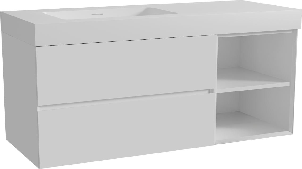 Storke Edge zwevend badmeubel 130 x 52 cm hoogglans wit met Mata High asymmetrisch linkse wastafel in solid surface mat wit