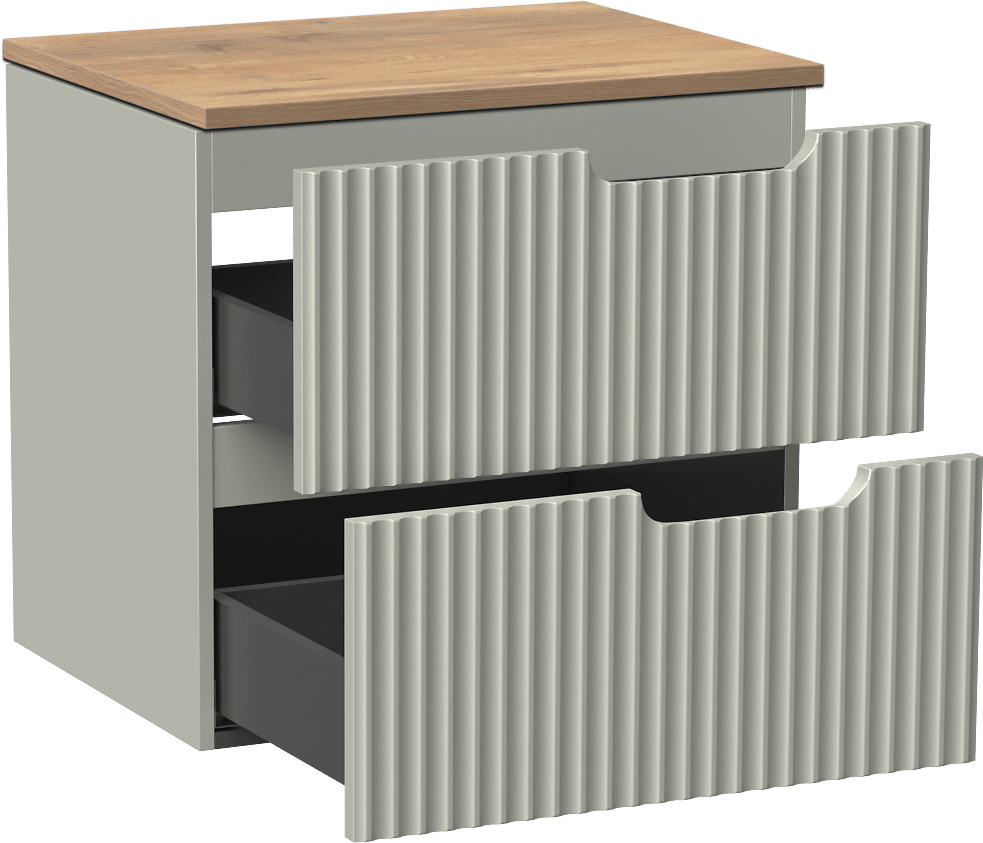 Linie Ribbo zwevend badkamermeubel 60 x 46 cm greige met Lado enkel tablet in melamine natuur eik, Verticale symmetrische ronde ribbel