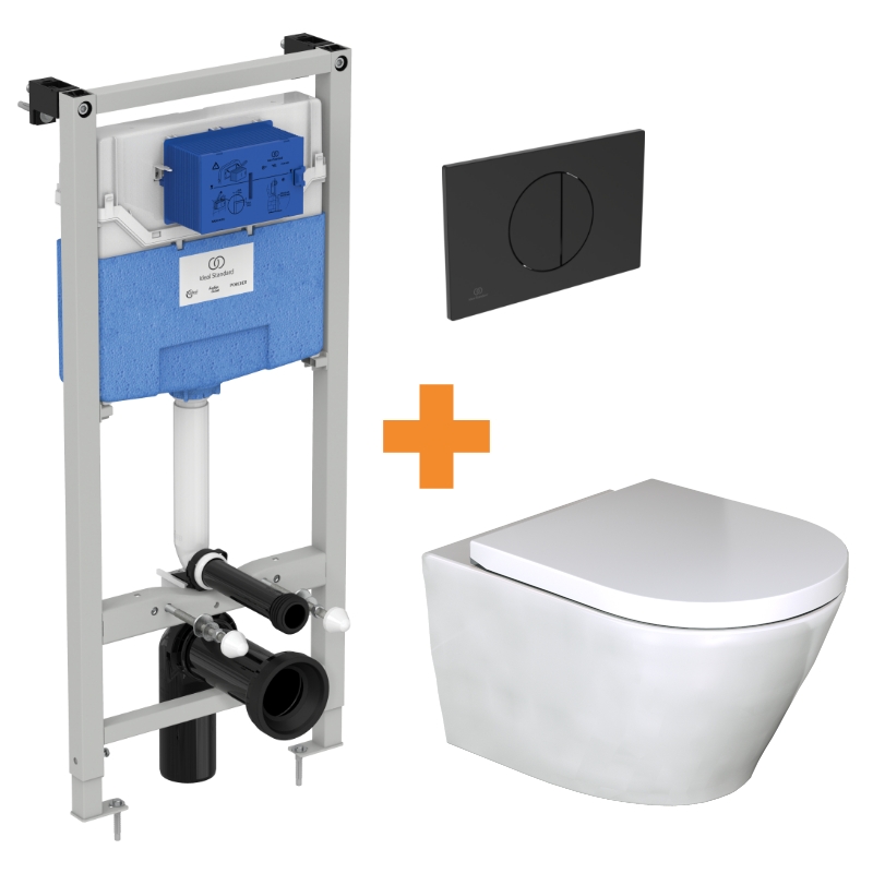 Luca Varess Calibro hangtoilet en medio wc-bril glanzend wit randloos met inbouwreservoir en gratis Ideal Standard Oleas M5 mat zwart bedieningspaneel