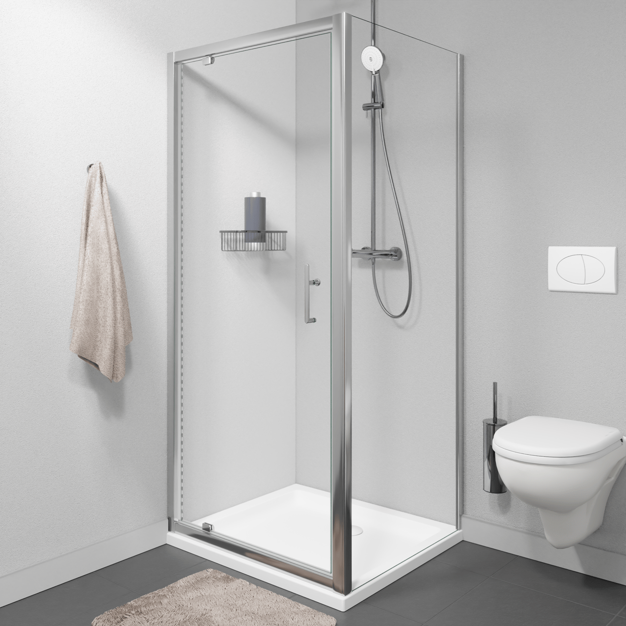 Linie Cadiz Eckdusche Drehtür mit fixierter Seitenwand, 90 x 80 cm, Klarglas, Brushed Chrome Profil