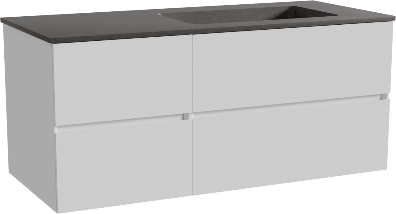 Storke Edge meuble salle de bains suspendu 120 x 52 cm blanc brillant avec Scuro plan vasque asymétrique à droite en quartz noir mat