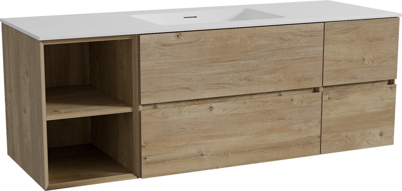 Storke Edge meuble salle de bains suspendu 145 x 52 cm chêne brut avec Mata plan simple en solid surface blanc mat