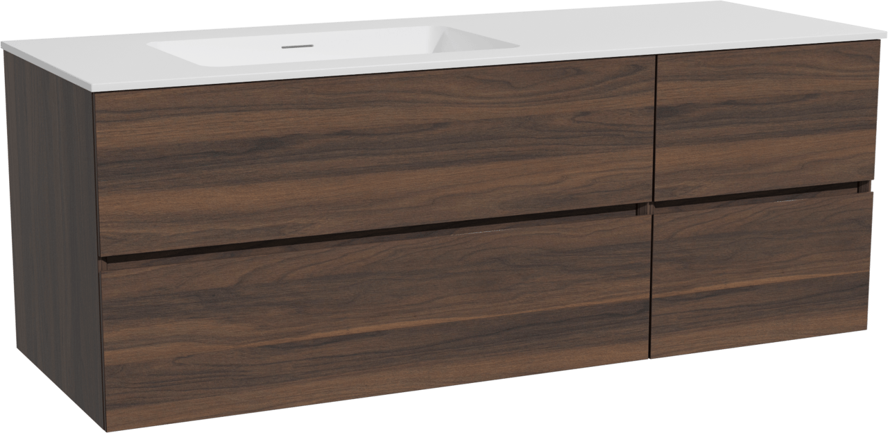 Storke Edge zwevend badkamermeubel 140 x 52 cm notelaar met Mata asymmetrisch linkse wastafel in solid surface mat wit
