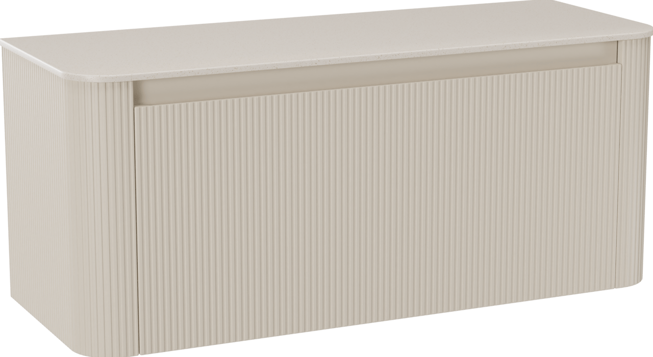 Storke Soft hängendes Möbelstück Set: 120 x 46 cm, Sand Matt, mit Tavola Soft Einzel- oder Doppel Waschtischplatte Solid Surface Beige Granit, Vertikale symmetrische gerade Rippe