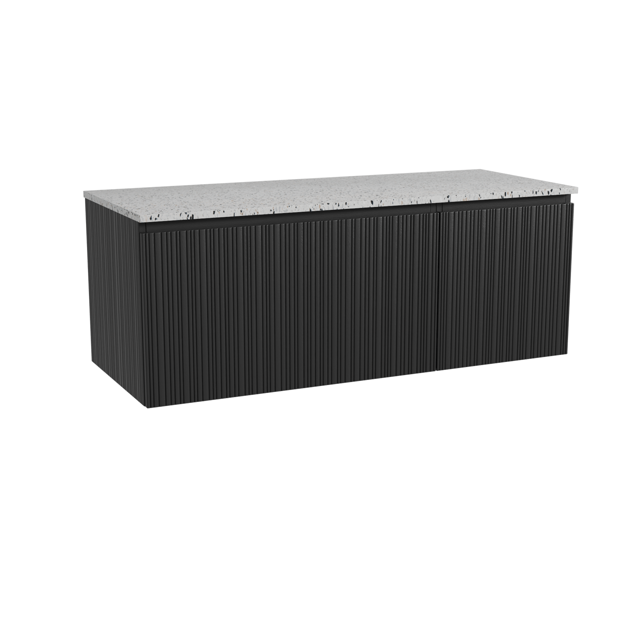 Storke Ribs zwevend badmeubel 130 x 52 cm zwart eiken met Tavola enkel of dubbel wastafelblad in mat wit/zwart terrazzo, Verticale asymmetrische rechte ribbel