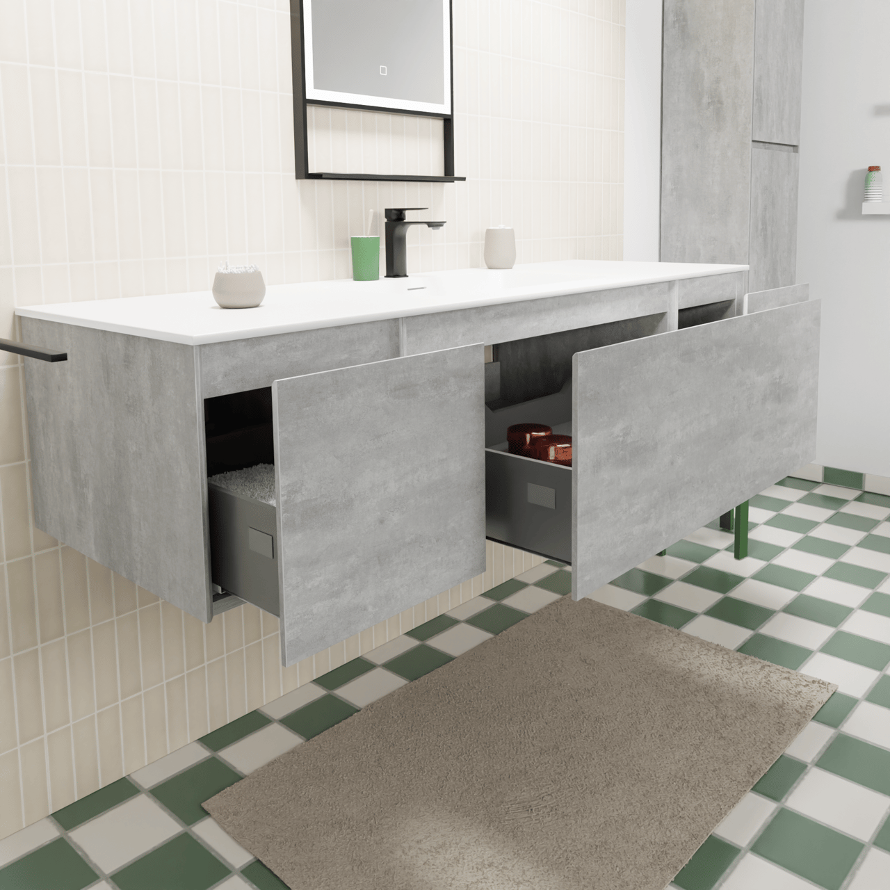Storke Edge zwevend badkamermeubel 155 x 52 cm beton donkergrijs met Mata enkele wastafel in solid surface mat wit