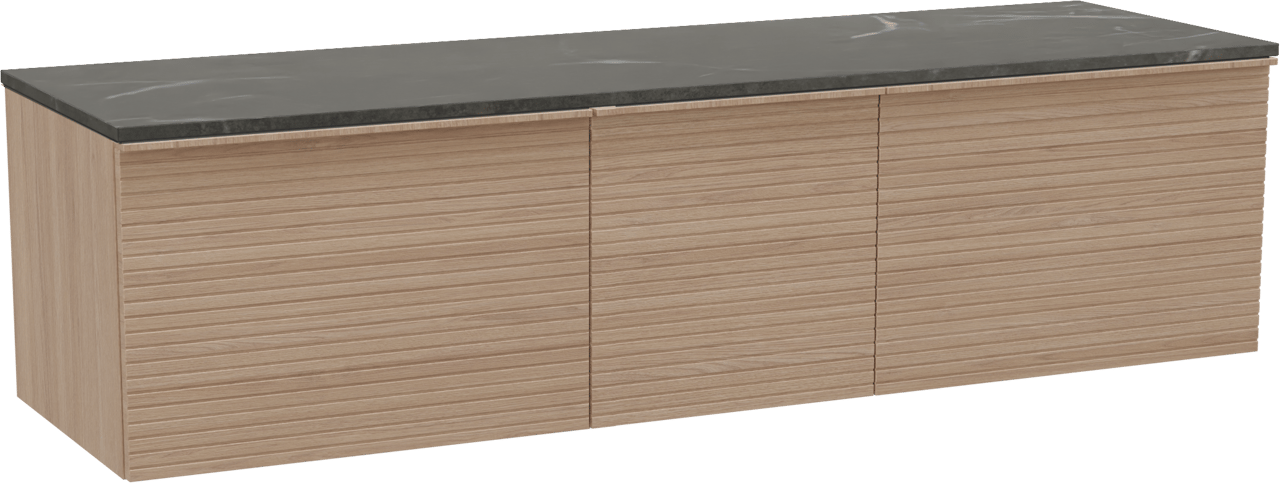 Balmani Forma zwevend badmeubel 180 x 55 cm naturel eiken met Stretto enkel of dubbel wastafelblad in marmer pietra grey, Horizontale symmetrische rechte ribbel