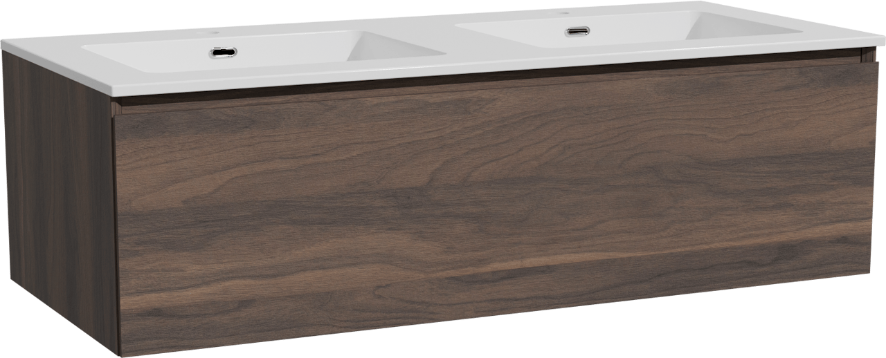 Storke Edge zwevend badmeubel 120 x 52 cm notenhout met Diva dubbele wastafel in composietmarmer hoogglans wit