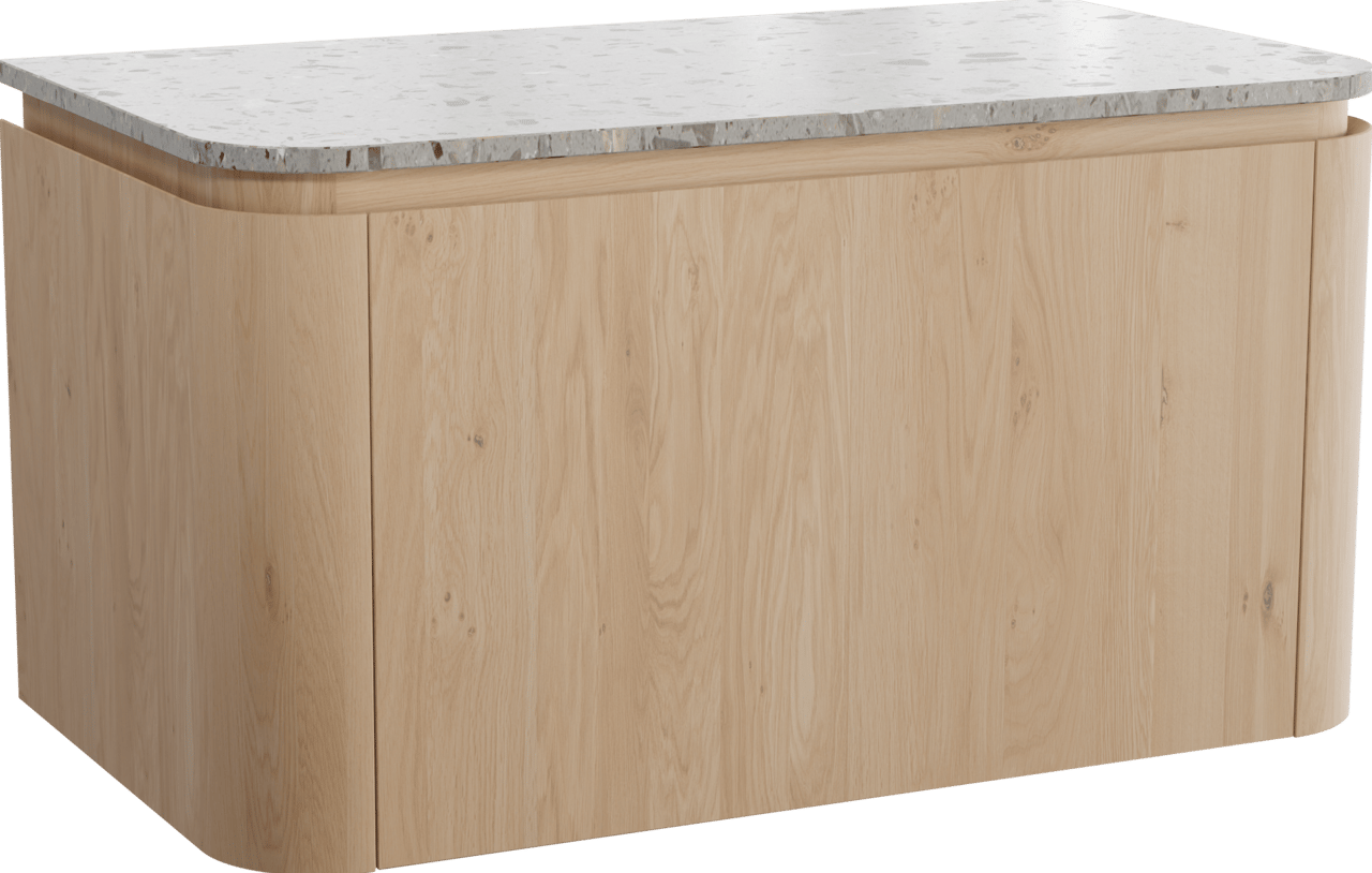 Balmani Moon hängendes Möbelstück Set: 100 x 55 cm, Naturbelassene Eiche, mit Moon Einzel Waschtischplatte, Terrazzo in Greige