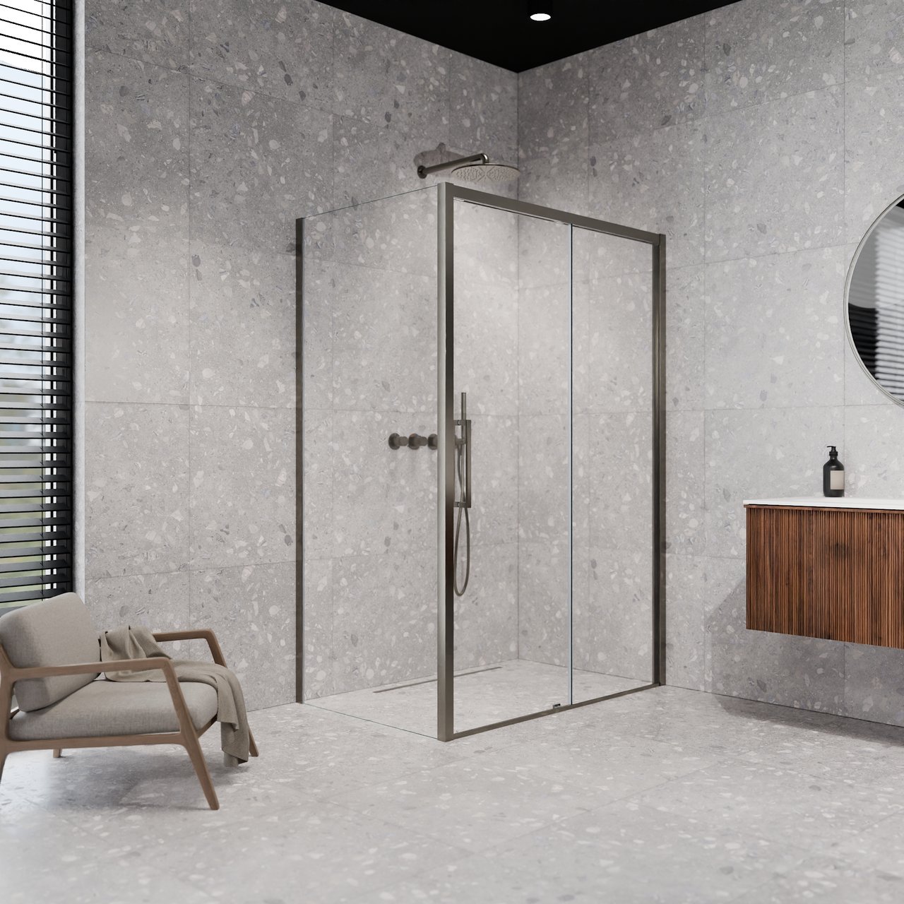 Balmani Senses Design douche d'angle avec porte coulissante à droite et paroi latérale fixe, 140 x 80 cm, Verre transparent, Profil Brushed GunMetal, coating inclus
