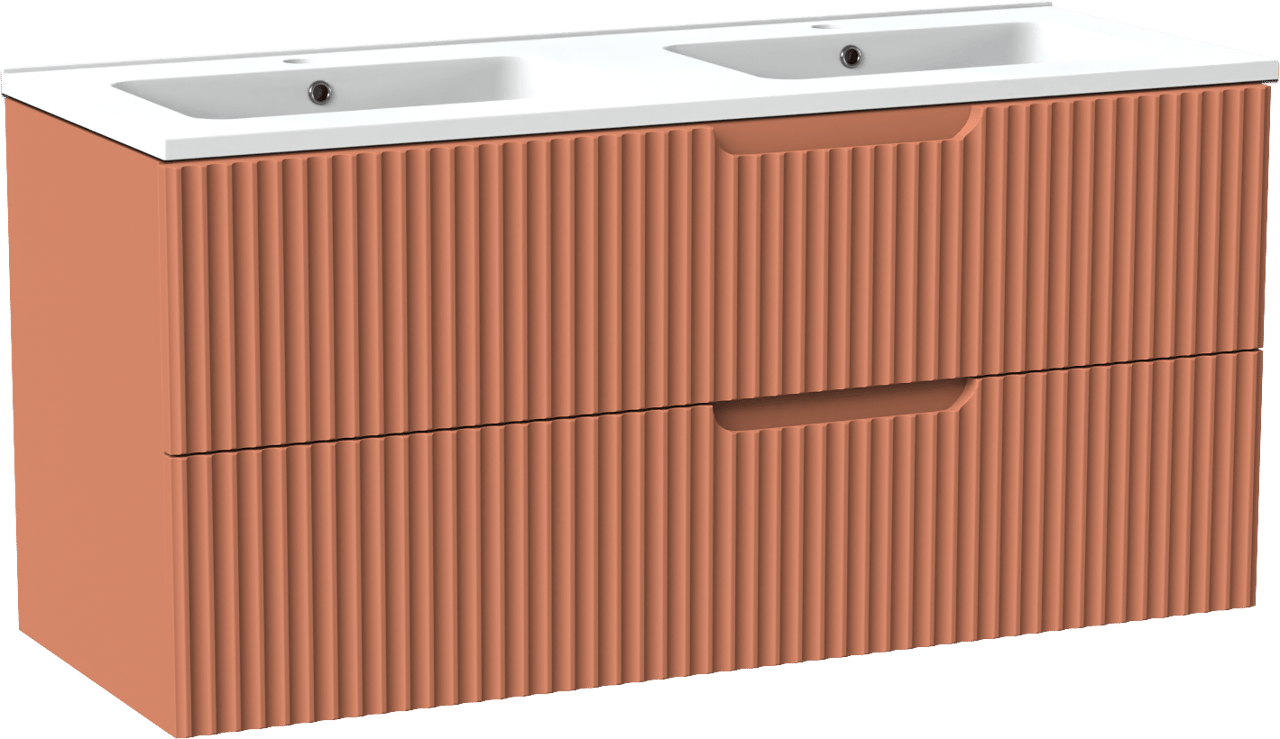 Linie Ribbo zwevend badkamermeubel 120 x 46 cm cotto met Vano dubbele wastafel in composietmarmer mat wit, Verticale symmetrische ronde ribbel, Montro spiegelkast en Ribbo badkamerkast