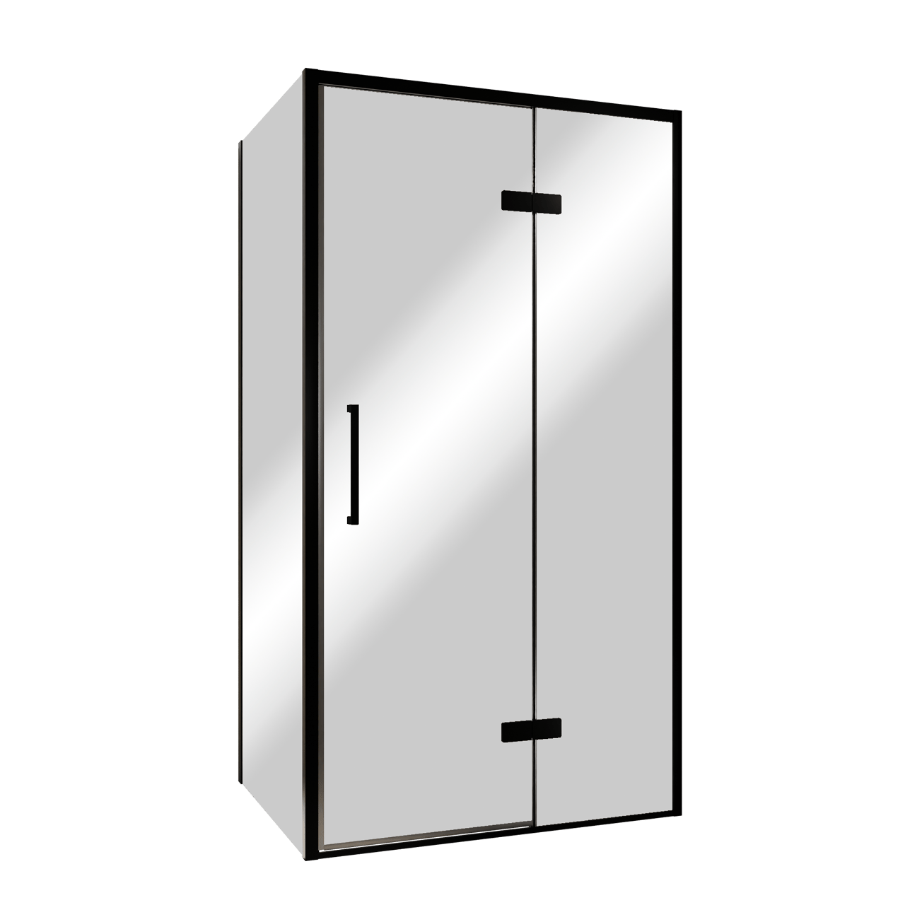 Balmani Senses Design douche en coin avec porte pivotante à droite et paroi latérale fixe, 100 x 100 cm, Miroir Reflex, Profil noir, coating inclus