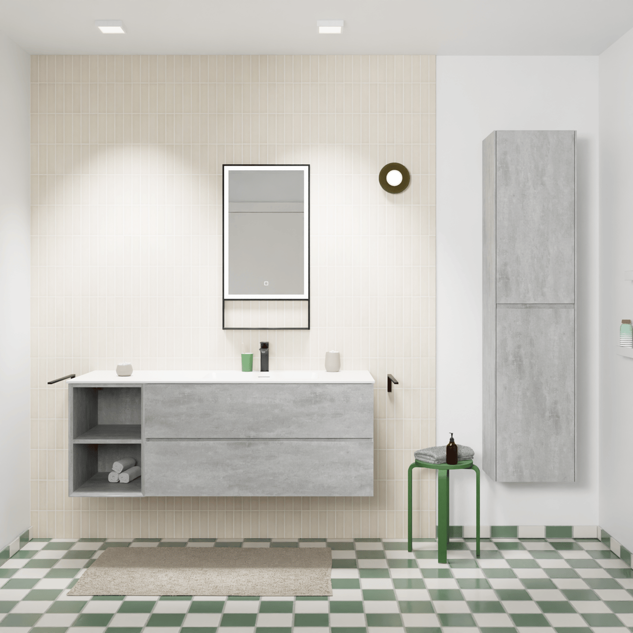 Storke Edge meuble salle de bains suspendu 140 x 52 cm béton gris foncé avec Mata plan vasque asymétrique à droite en solid surface blanc mat