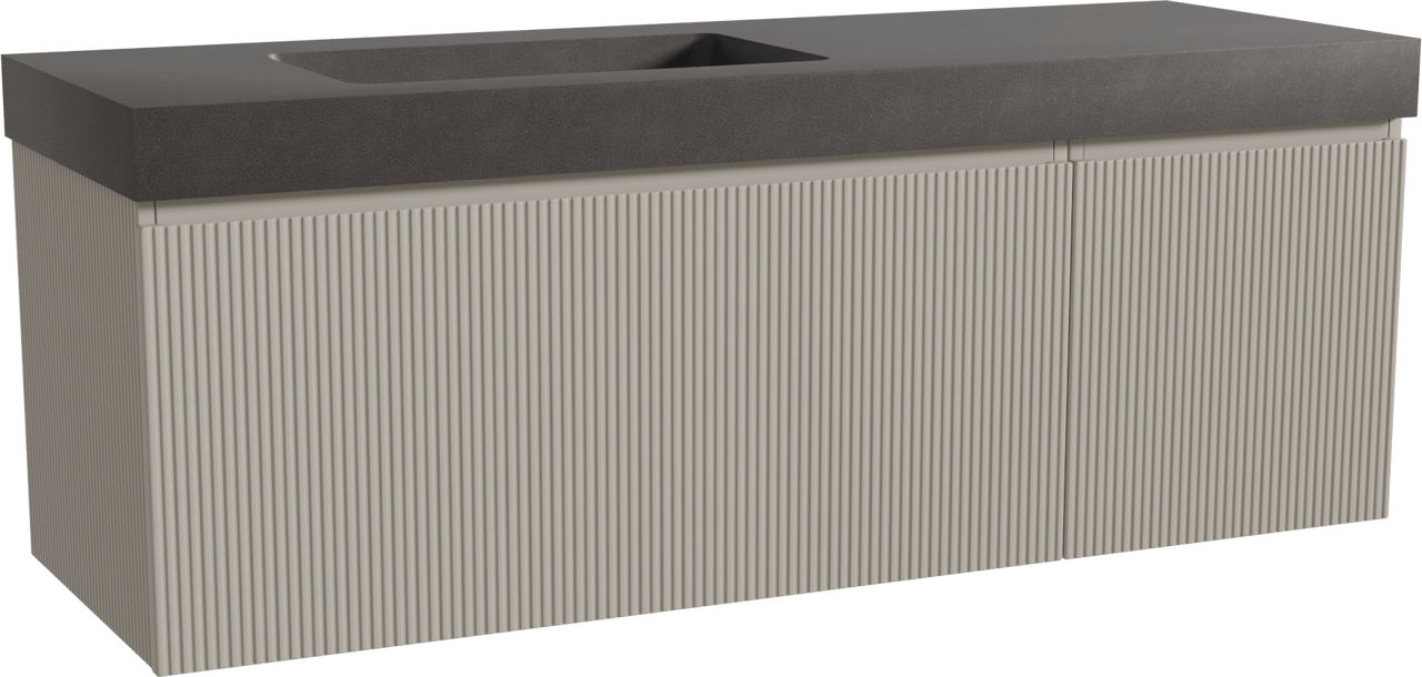 Storke Ribs zwevend badmeubel 150 x 52 cm zijdegrijs met Scuro High asymmetrisch linkse wastafel in kwarts mat zwart, Verticale symmetrische rechte ribbel