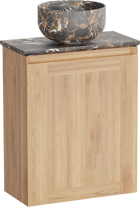 Balmani Mitra meuble wc suspendu 42 x 21 cm teck avec Facetta tablette et Bowl vaque à poser en marbre Portoro Gold